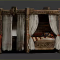 Traditional Wooden Bed With Intricate Carved Frame And White Canopies Red Ties