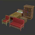 Wooden Bedroom Furniture Set With Bed Red Checkered Chairs Sofa And Cabinet