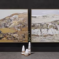 Two Landscape Oil Paintings With Rocky Land On Black Background Wall And Conical Decorations Below