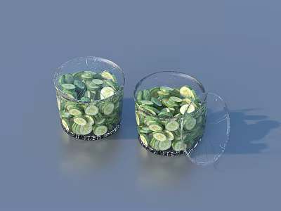 Fresh Cucumber Slices Stored in Transparent Glass Jars With One Lid Open 3d model
