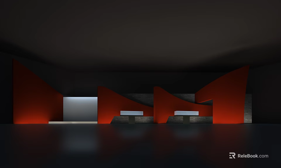 Modern Indoor Space With Red Walls White Rectangular Door Two White Benches And Black Background 3d model 