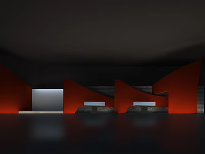Modern Indoor Space With Red Walls White Rectangular Door Two White Benches And Black Background 3d model