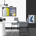 Modern Dining Table Set With White Round Table Gray Chairs Hanging Light Wainscoting And Artwork 3d model