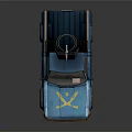 Blue Pickup Truck With Yellow Graphic And Roof Mounted Storage Equipment