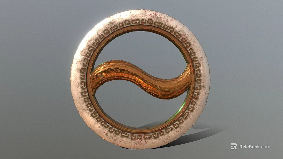 Ornate Weapon Design Featuring Circular Silver Frame Intricate Patterns And Golden Wavy Center 3d model