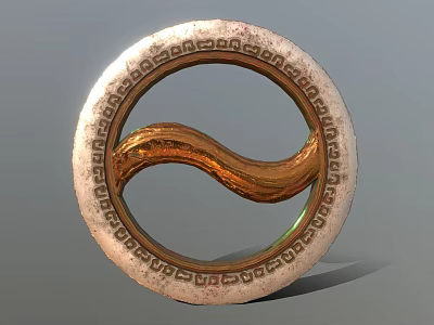Ornate Weapon Design Featuring Circular Silver Frame Intricate Patterns And Golden Wavy Center 3d model