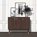 Modern Walnut Wood Entryway Cabinet Sideboard With Vase Framed Art On White Paneled Wall