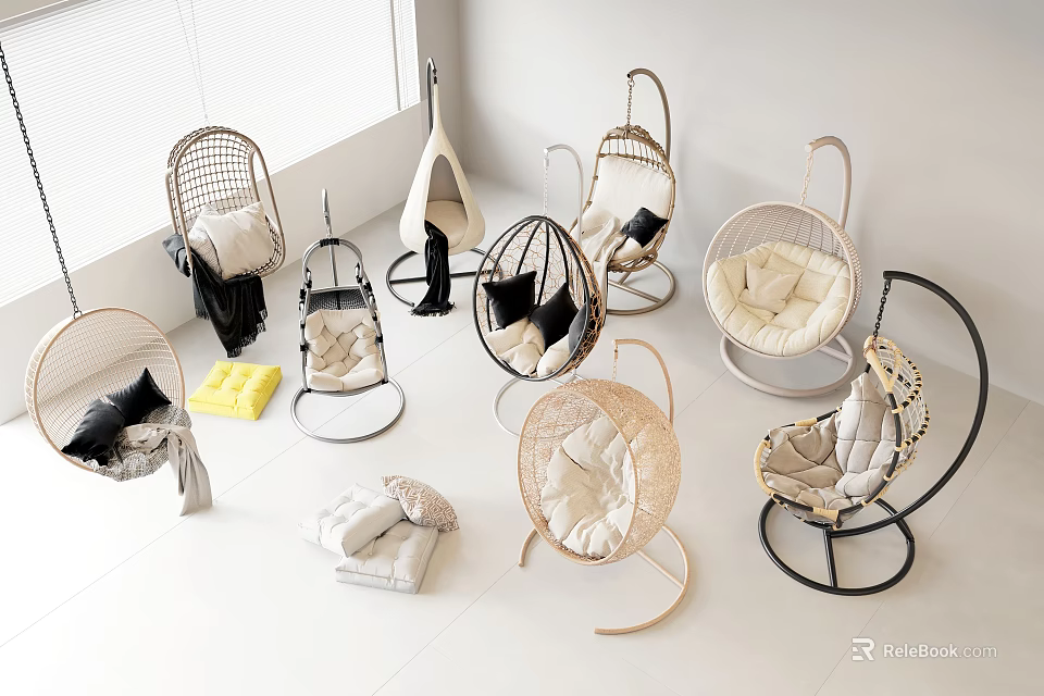 Stylish Rattan Hanging Chairs with Soft Cushions in Various Modern Neutral Designs 3d model 