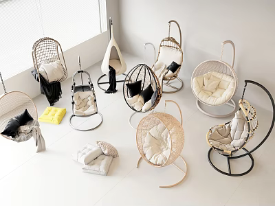 Stylish Rattan Hanging Chairs with Soft Cushions in Various Modern Neutral Designs 3d model