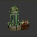 Ornate Garden Gazebo With Golden Dome Columns And Wooden Chair Table