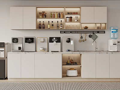 Modern Kitchen Daily Appliances With Coffee Maker Water Dispenser And White Cabinets 3d model