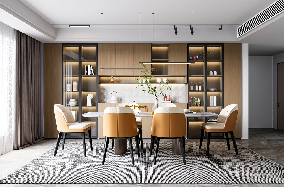 Modern Restaurant Interior With Dining Table Yellow Chairs Pendant Lights And Cabinets 3d model 