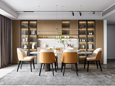 Modern Restaurant Interior With Dining Table Yellow Chairs Pendant Lights And Cabinets 3d model