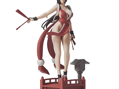 Detailed Female Sculpture in Red Attire Holding Red Sticks with Long Hair on Red Pedestal 3d model