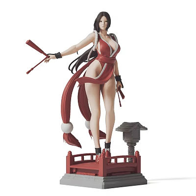 Detailed Female Sculpture in Red Attire Holding Red Sticks with Long Hair on Red Pedestal 3d model