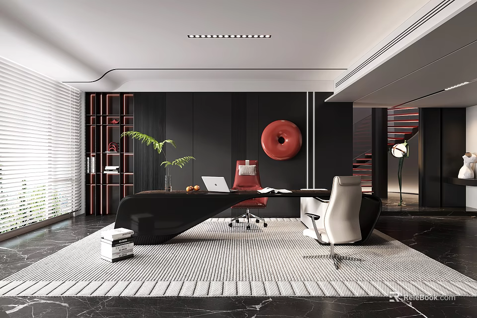 Modern Office Interior With Black Desk Red Chair Green Plant And Circular Decor 3d model 