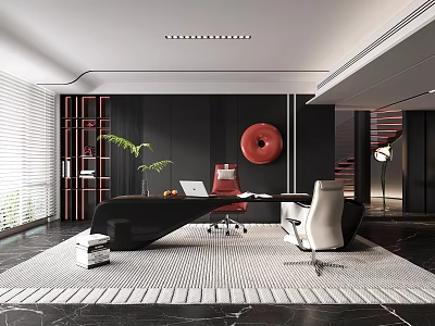 Modern Office Interior With Black Desk Red Chair Green Plant And Circular Decor 3d model