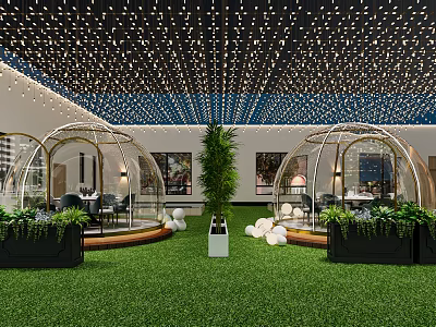 Modern Lounge Area Featuring Transparent Dome Tents Green Lawn White Spherical Decorations And Hanging Lights 3d model