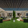 Modern Lounge Area Featuring Transparent Dome Tents Green Lawn White Spherical Decorations And Hanging Lights