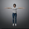 Woman in White CELINE T shirt Blue Ripped Jeans and White Shoes with Arms Outstretched