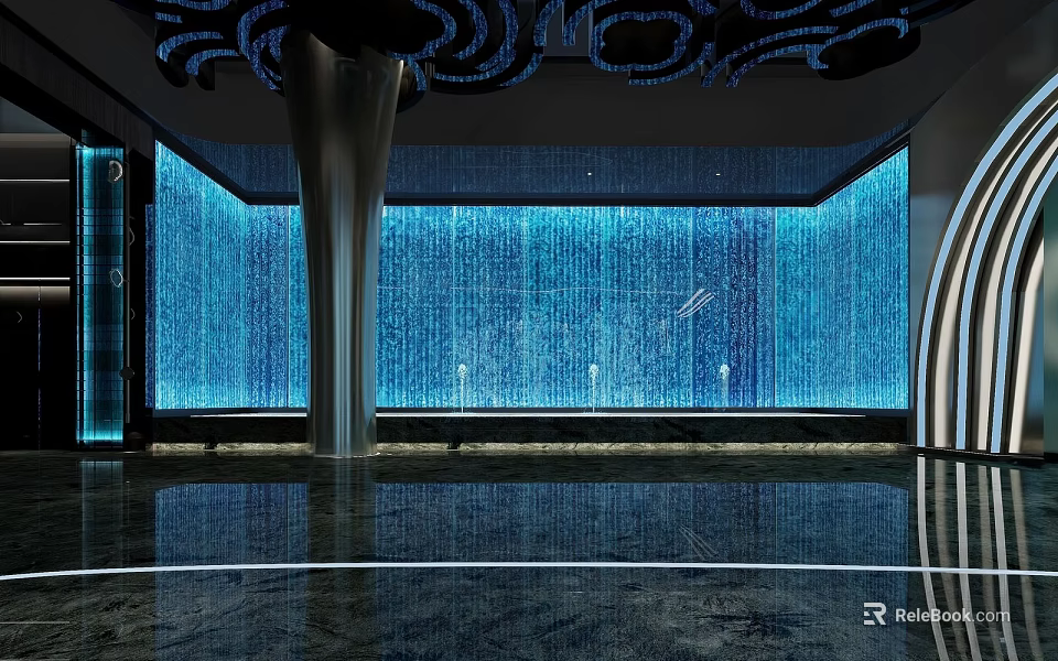 Elegant SPA Sauna Interior With Blue Water Wall Black Ceiling Decor And Silver Pillars 3d model 