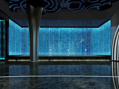 Elegant SPA Sauna Interior With Blue Water Wall Black Ceiling Decor And Silver Pillars 3d model