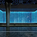 Elegant SPA Sauna Interior With Blue Water Wall Black Ceiling Decor And Silver Pillars