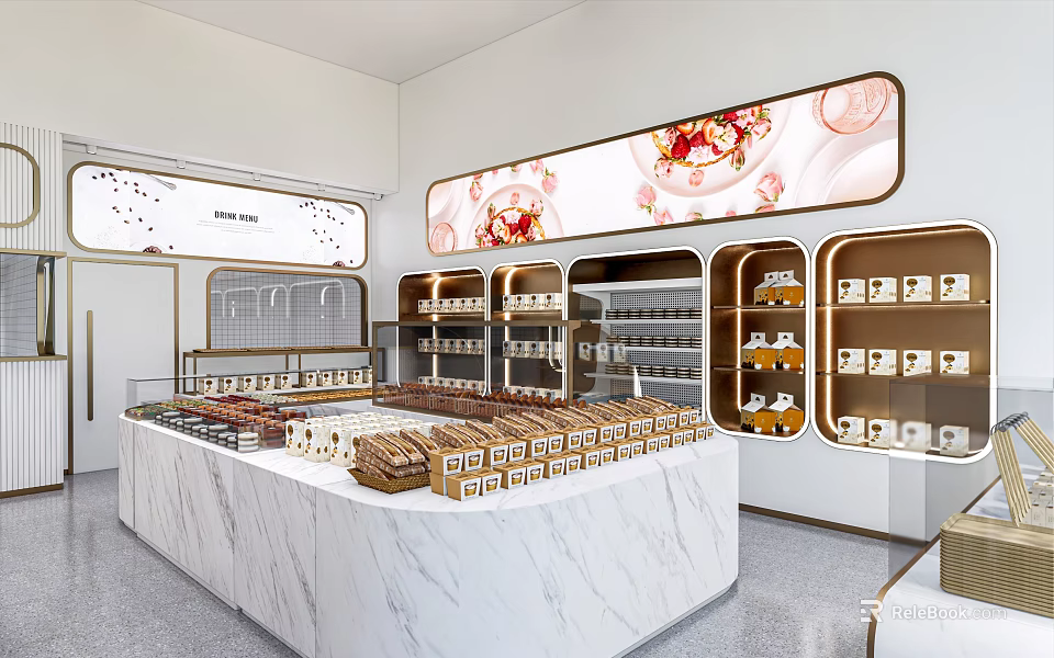 Modern Dessert Shop Interior With Marble Counter And Packaged Desserts 3d model 