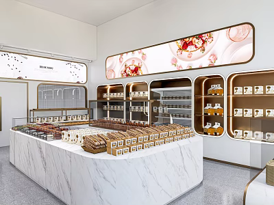 Modern Dessert Shop Interior With Marble Counter And Packaged Desserts 3d model