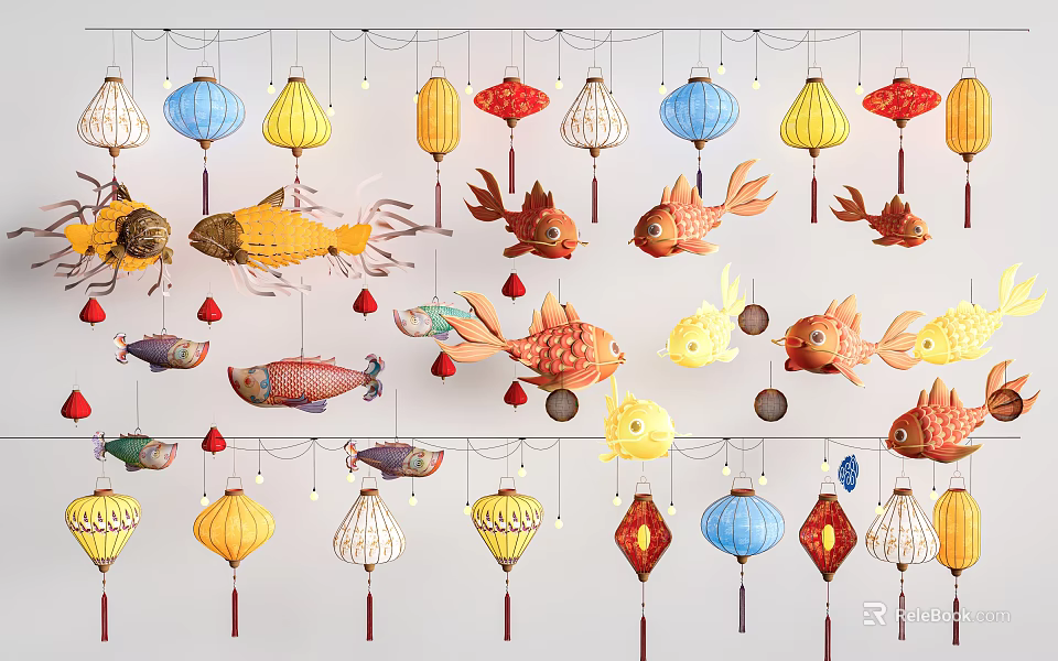 Colorful Traditional and Fish Shaped Lanterns Hanging in Air with Bright Colors 3d model 