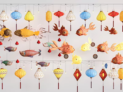 Colorful Traditional and Fish Shaped Lanterns Hanging in Air with Bright Colors 3d model