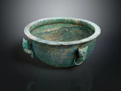 Ancient Bronze Basin With Animal Head Handles And Ornate Surface Design 3d model