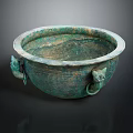 Ancient Bronze Basin With Animal Head Handles And Ornate Surface Design