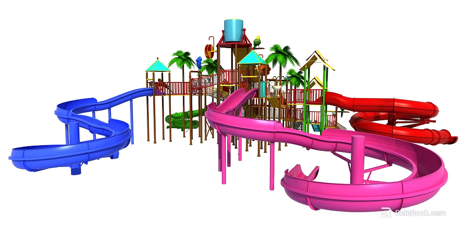 Colorful Playground Equipment With Blue Pink Red Slides And Palm Trees 3d model 