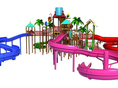 Colorful Playground Equipment With Blue Pink Red Slides And Palm Trees 3d model