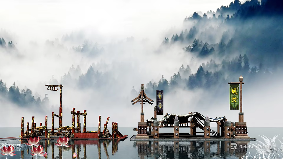 Cartoon Scene of Lakeside Dock With Traditional Architecture Flags Misty Mountains 3d model 