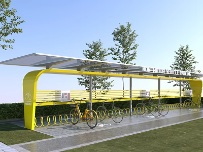 Yellow Bicycle Parking Canopy With Bike Racks Trees And Grass Area 3d model