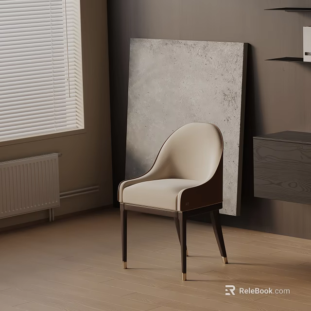 Beige Leisure Chair With Upholstered Design Wooden Legs By Window Blinds And Gray Artwork 3d model 