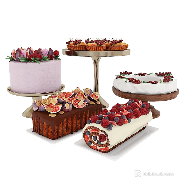Assorted Desserts On Stands With Purple Cake Cupcakes Fruit Topped Loaf And Swiss Roll 3d model 