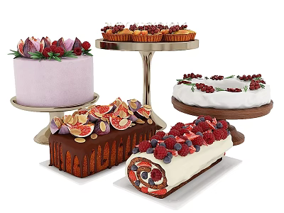 Assorted Desserts On Stands With Purple Cake Cupcakes Fruit Topped Loaf And Swiss Roll 3d model
