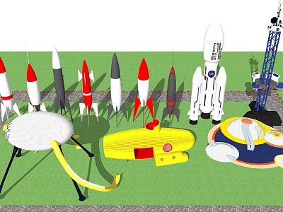 Space Themed Playground Equipment with Rocket Models Slide Satellite and Spaceship Design 3d model