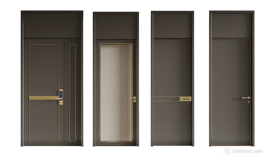 Modern Dark Brown Swing Doors With Metal Handles And Various Panel Styles 3d model