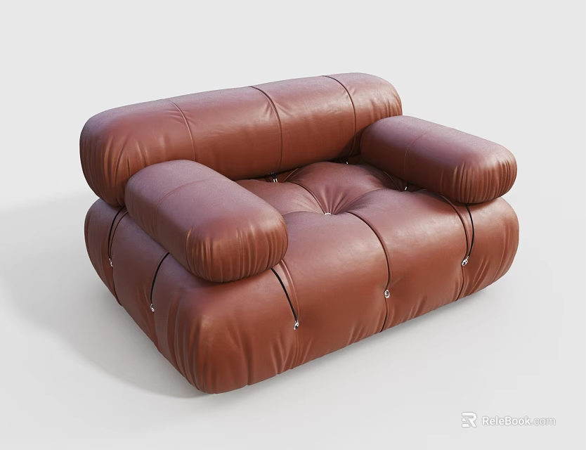 Plush Brown Leather Single Seater Sofa With Tufted Details And Rounded Arms 3d model 