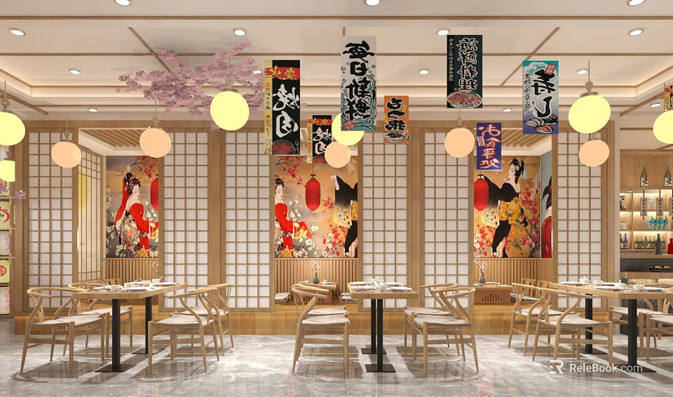 Japanese Restaurant Interior With Cherry Blossom Decorations Lanterns Wooden Partitions Geisha Murals And Dining Seats 3d model 