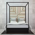 Modern Minimalist Background Double Bed With Black Canopy Frame And Geometric Pattern Headboard Wall