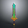 Fantasy Decorative Sword With Green Blade Intricate Golden Patterns And Purple Hilt