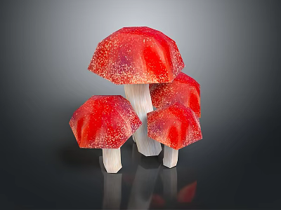 Red Mushrooms With White Stems And Textured Surfaces Four Stacked On Dark Background 3d model