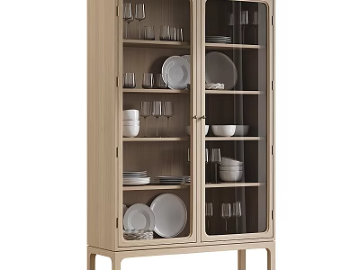 Wooden Display Cabinet With Glass Doors Showcasing Plates Bowls Cups And Wine Glasses 3d model