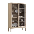 Wooden Display Cabinet With Glass Doors Showcasing Plates Bowls Cups And Wine Glasses