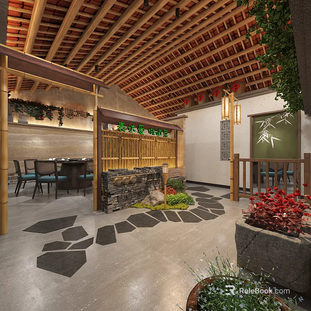 Traditional Hot Pot Restaurant Interior With Wooden Ceiling Lanterns Bamboo Screens And Green Plants 3d model 